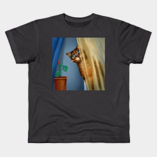 the cat looks out from behind the curtain Kids T-Shirt